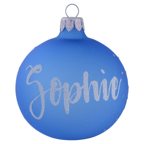 Frosted Baby Blue Personalised Christmas Bauble with Silver Snowflakes - 8cm front