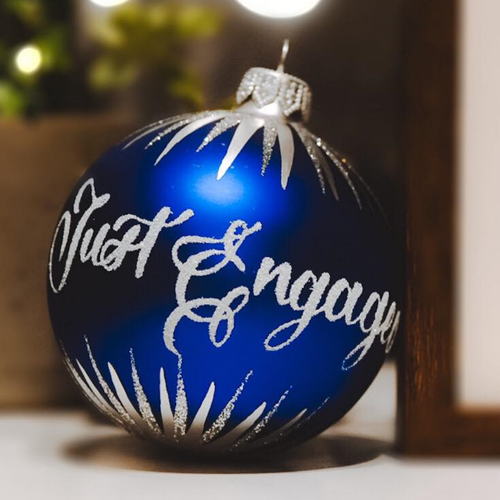 Blue Personalised Christmas Bauble with Silver Icicles - 8cm with "Just Engaged"