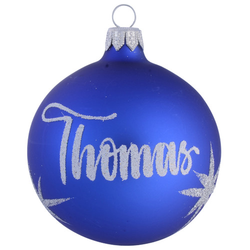 Dark Blue Personalised Christmas Bauble with Silver Stars - 8cm front