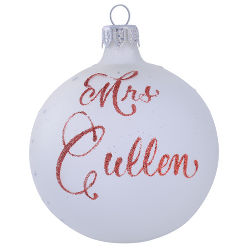 Frosted White Personalised Christmas Bauble with Silver Snowflakes - 8cm front
