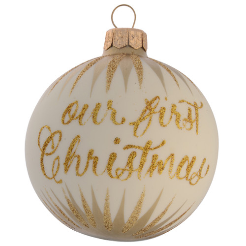 Cream Personalised Christmas Bauble with Gold Icicles - 8cm with writing