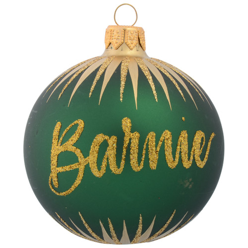 Green Personalised Christmas Bauble with Gold Icicles and writing 2