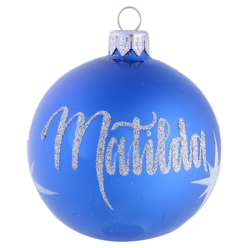 Pearl Blue Personalised Christmas Bauble with Silver Stars - 8cm front