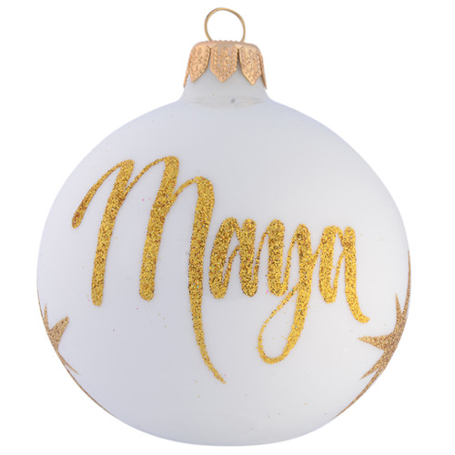 Pearl White Personalised Christmas Bauble with Gold Stars - 8cm front