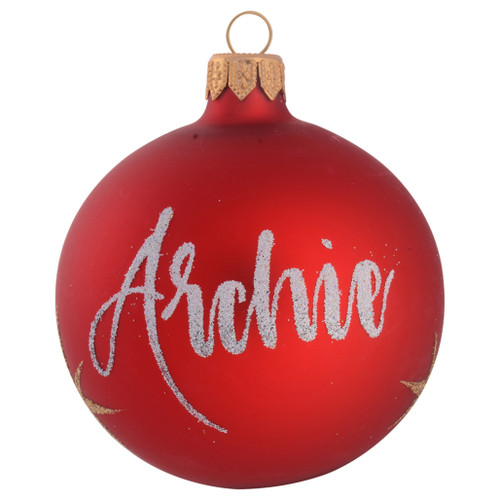 red personalised bauble with gold stars