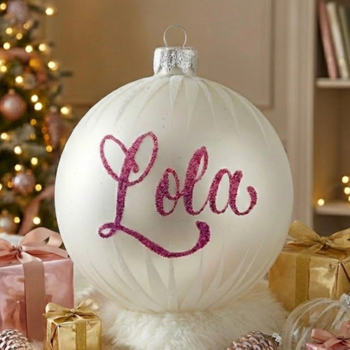 White personalised christmas bauble with silver icicles, visual merchandised, 8cm