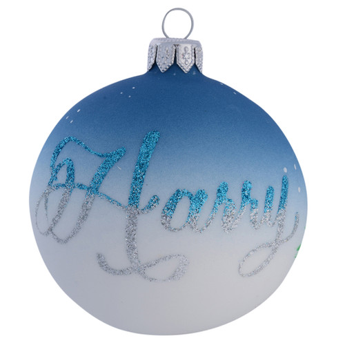 Snowman with Blue Scarf & Fence Personalised Christmas Bauble - Baby Blue - 8cm with name