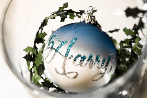 Snowman with blue scarf & fence personalised christmas bauble - baby blue - 8cm - back