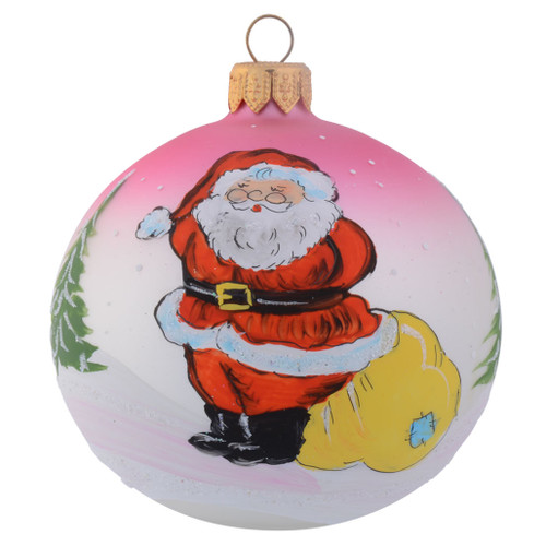 Pink Santa with Bag of Presents Personalised Christmas Bauble - 8cm front
