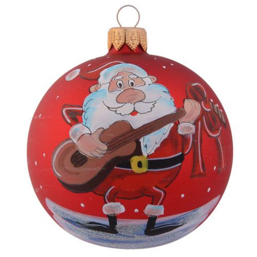 Jolly Santa Playing Guitar Personalised Christmas Bauble - Red - 8cm front