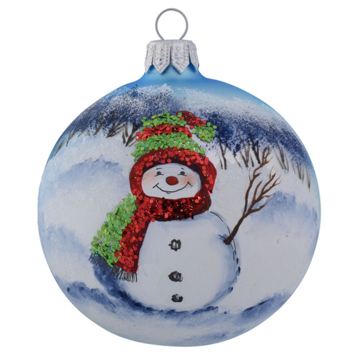 Snowman Wearing Colourful Beanie Personalised Christmas Bauble - Baby Blue - 8cm front