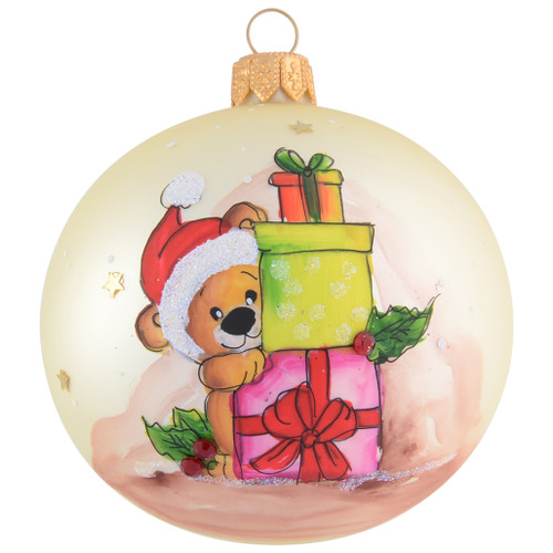 Teddy Bear Holding Large Presents Personalised Christmas Bauble - Cream - 8cm front
