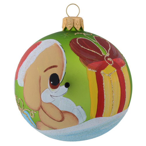 Adorable Puppy with Huge Present Personalised Christmas Bauble - Green - 8cm front