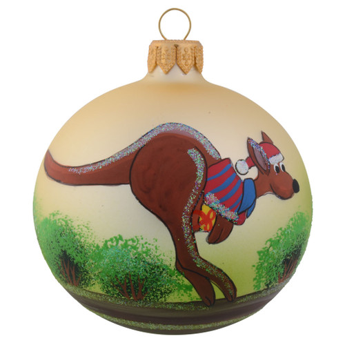 Kangaroo with Present in Pouch - Australian Personalised Christmas Bauble - Gold - 8cm front