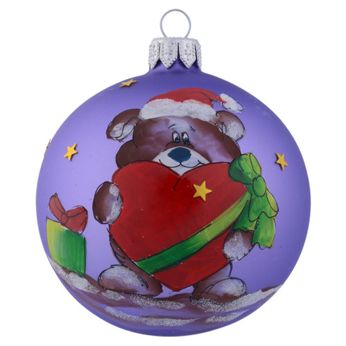 Teddy Bear Holding Giant Red Heart Personalised Christmas Bauble - Purple - 8cm front