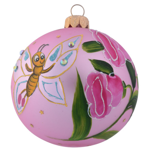 Butterfly with Pink Flowers Personalised Christmas Bauble - Pink - 8cm front
