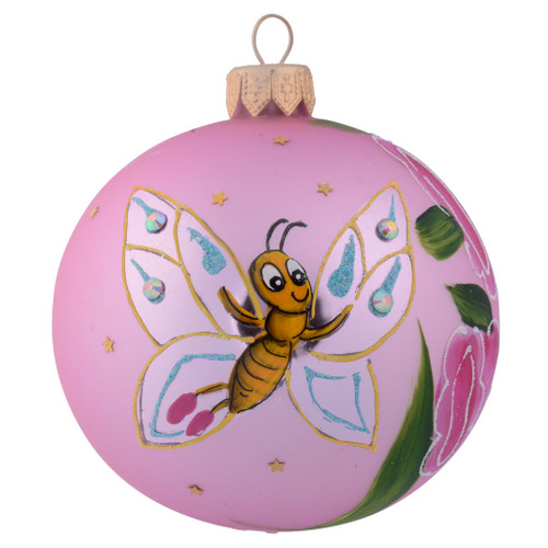 Butterfly with Pink Flowers Personalised Christmas Bauble - Pink - 8cm back