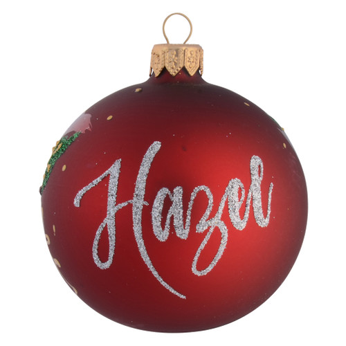 Red Personalised Christmas Bauble with Green Holly - 8cm with name 2