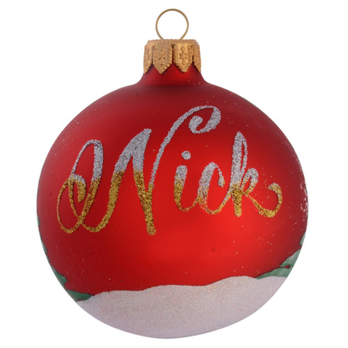Snowman Carrying Broomstick Personalised Christmas Bauble - Red - 8cm with name
