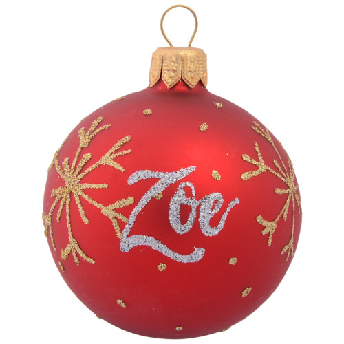 red personalised christmas bauble with gold snowflakes