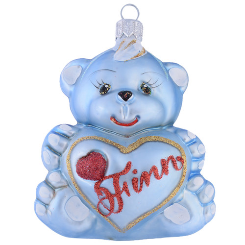 Teddy Bear Holding Heart Personalised Christmas Bauble - Baby Blue with name