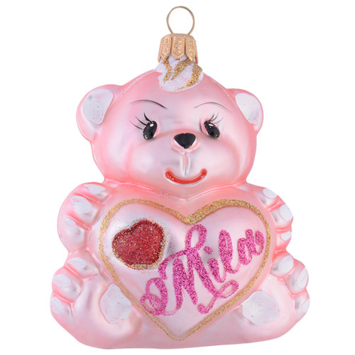 Teddy Bear Holding Heart Personalised Christmas Bauble - Baby Pink 9cm front with name