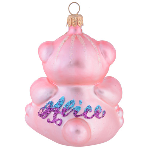 Teddy Bear Holding Heart Personalised Christmas Bauble - Baby Pink 9cm back with name