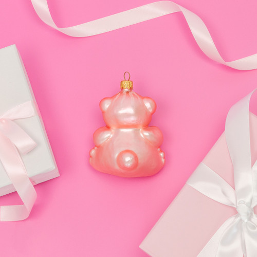 Teddy Bear Holding Heart Personalised Christmas Bauble - Baby Pink 9cm back