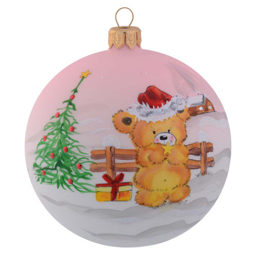 Teddy Bear with Present Personalised Christmas Bauble Baby Pink 10cm side