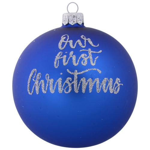 Blue Christmas Tree with Gold Tinsel Personalised  Christmas Bauble 10cm front with name 2