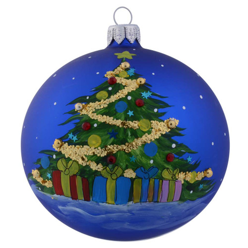 Blue Christmas Tree with Gold Tinsel Personalised  Christmas Bauble 10cm front