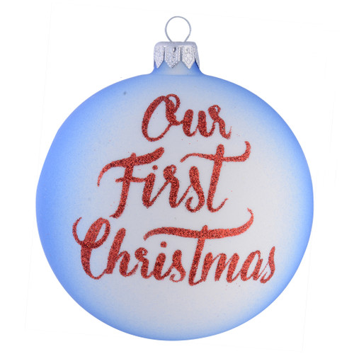 Hand Painted Snow Covered House Personalised Christmas Bauble Blue 10cm with name