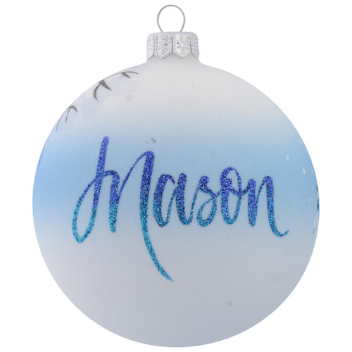 Snowman Family in Forest Personalised Christmas Bauble Blue 10cm with name