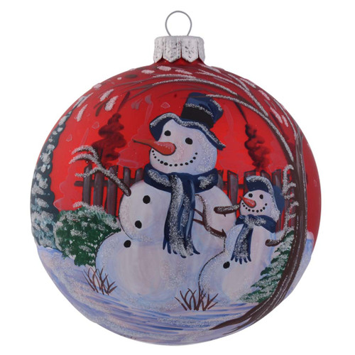 Snowman Family in Garden Personalised Christmas Bauble Red 10cm front