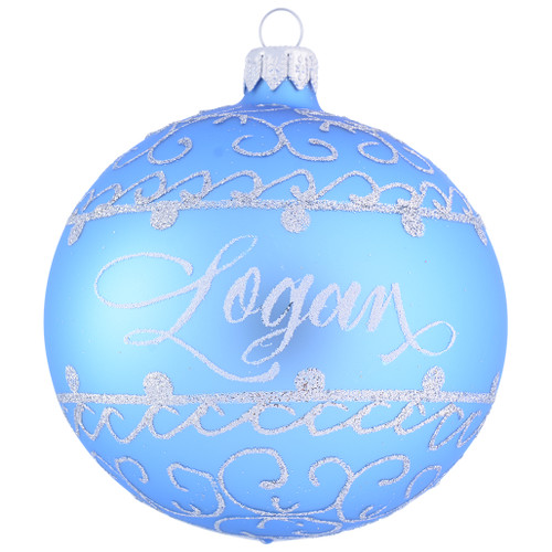 blue bauble with silver ornamental pattern