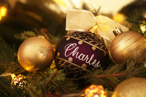 Purple Personalised Christmas Bauble with Gold Ornamental Pattern merchandised