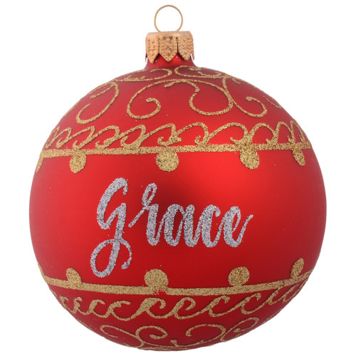 Red Personalised Christmas Bauble with Gold Ornamental Pattern 10cm with name