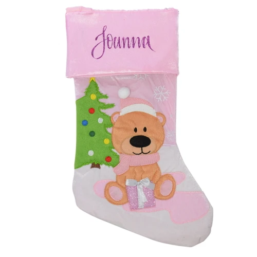 bear with pink present personalised christmas stocking