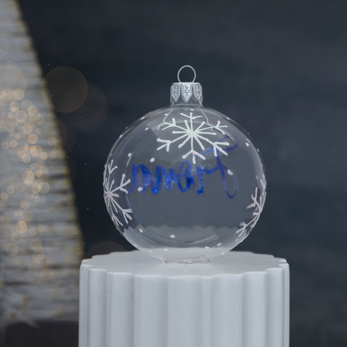 white snowflake on clear personalised christmas bauble back