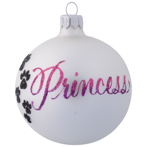 white personalised christmas bauble with black dog paw prints