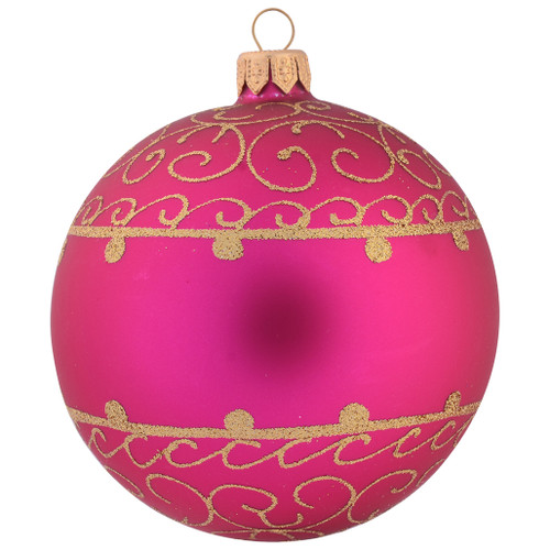 fuchsia personalised christmas bauble with gold ornamental pattern and silver writing