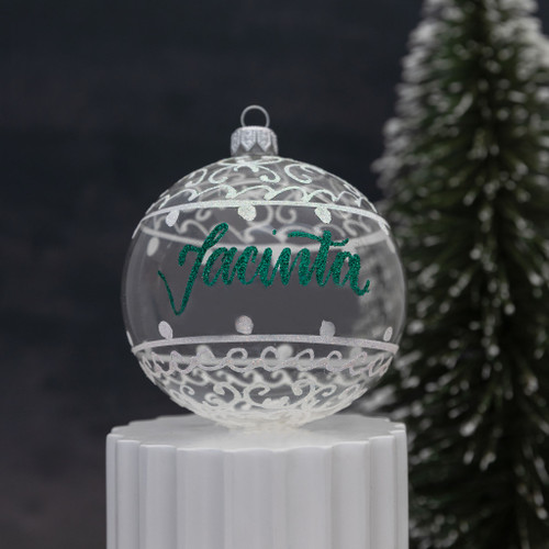 clear bordered christmas bauble with personalised name 10cm