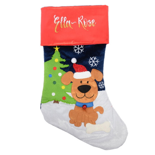 puppy wearing santa hat personalised christmas stocking with writing 2