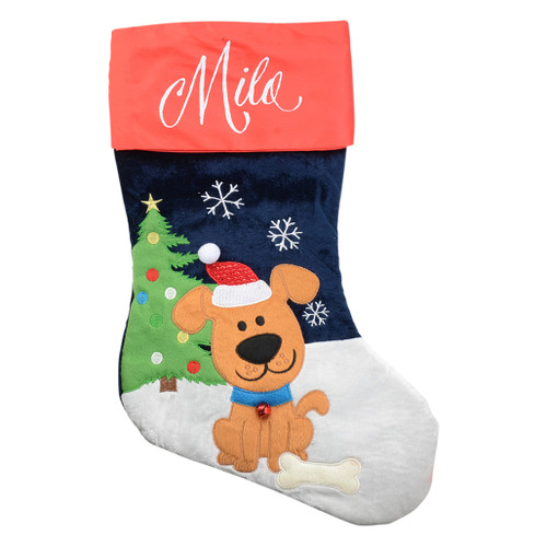 puppy wearing santa hat personalised christmas stocking with writing