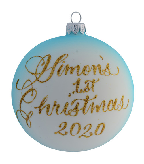 baby blue bear with christmas present personalised christmas bauble 10cm with writing