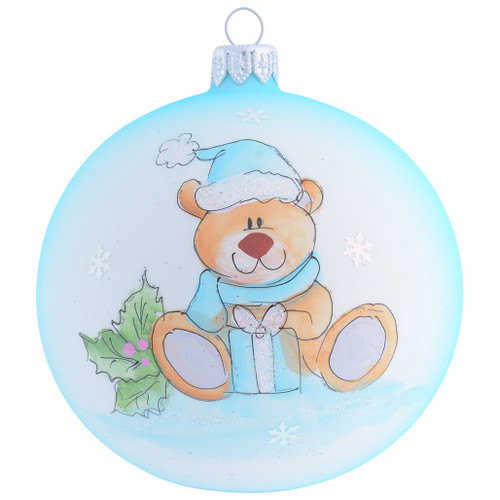 Teddy Bear with Blue Present for Boys Personalised Christmas Bauble - Baby Blue - 10cm