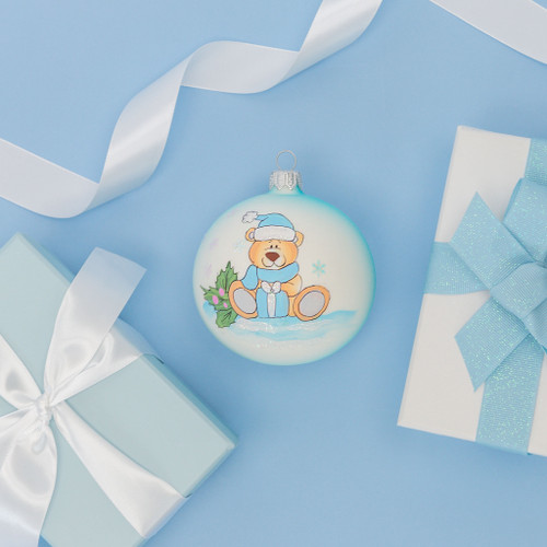 baby blue bear with christmas present personalised christmas bauble 10cm