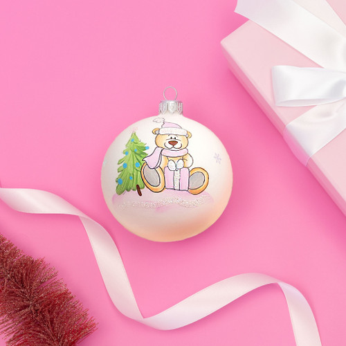 teddy bear with pink present bauble 10cm