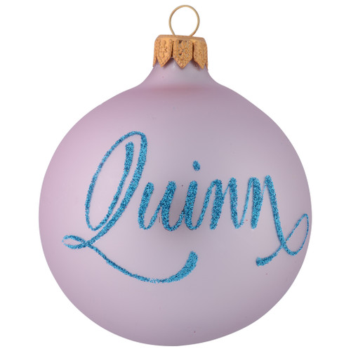 lavender personalised christmas bauble with dog standing next to present