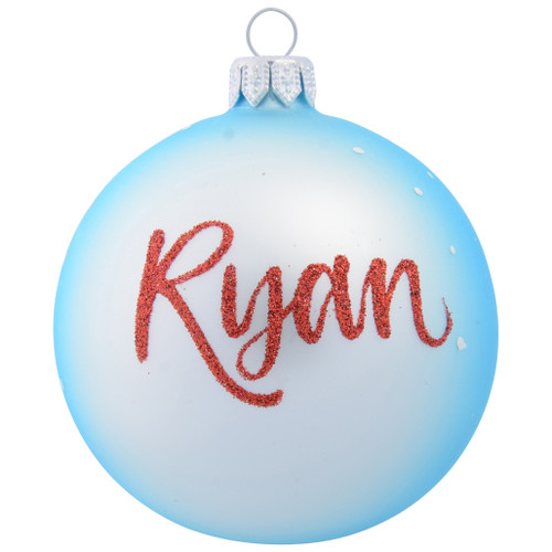 baby blue reindeer with star hanging from antler personalised christmas bauble 8cm